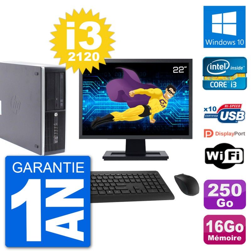 HP Compaq Pro 6300 SFF Desktop PC - 22" Screen, Intel i3-2120, 16GB RAM, 250GB HDD, Windows 10, WiFi