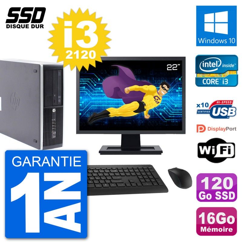 HP Compaq Pro 6300 SFF Desktop PC - 22" Screen, i3-2120, 16GB RAM, 120GB SSD, Windows 10, WiFi