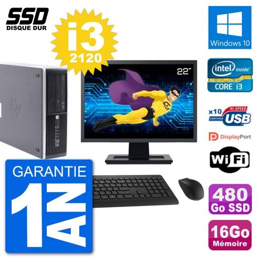 HP Compaq Pro 6300 SFF Desktop PC - 22" Screen, i3-2120, 16GB RAM, 480GB SSD, Windows 10, Wifi