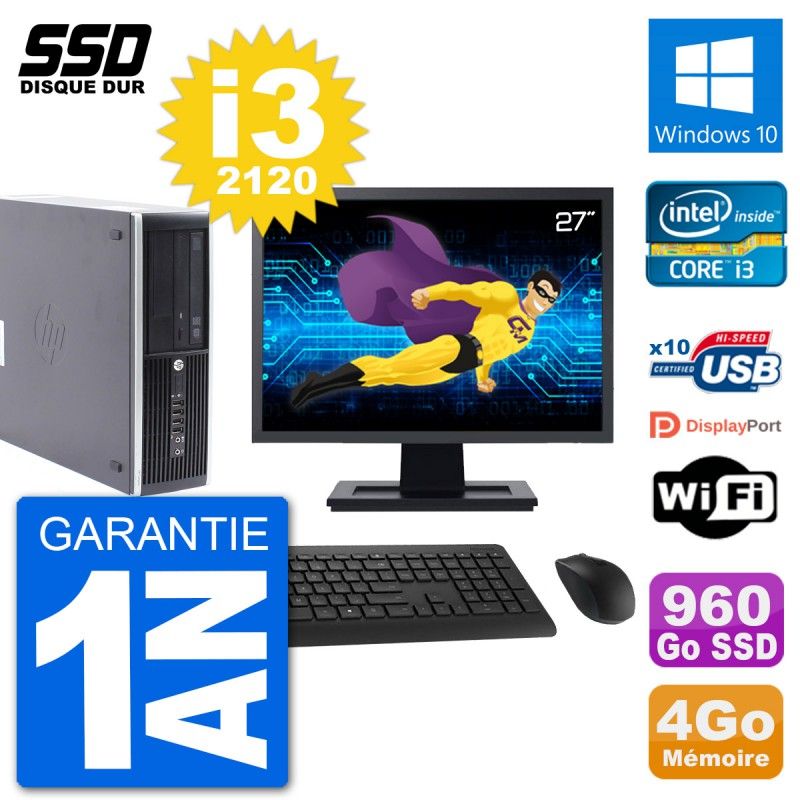 HP Compaq Pro 6300 SFF Desktop PC - 27" Screen, i3-2120, 4GB RAM, 960GB SSD, Windows 10, WiFi