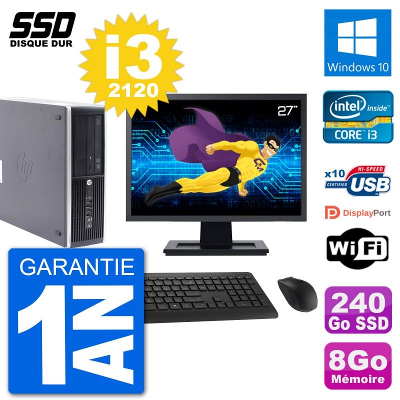 HP Compaq Pro 6300 SFF Desktop PC - 27" Screen, i3-2120, 8GB RAM, 240GB SSD, Windows 10, WiFi