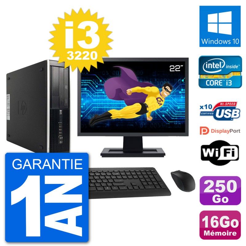 Ordinateur de bureau HP Compaq Pro 6300 SFF - Écran 22'', Processeur Intel i3-3220, 16 Go de RAM, 250 Go SSD, Windows 10, WiFi