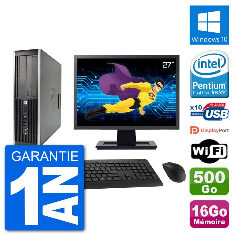 HP Compaq 6200 Pro SFF Desktop PC - 27" Screen, Intel Pentium G630 2.7GHz, 16GB RAM, 500GB HDD, Windows 10, WiFi