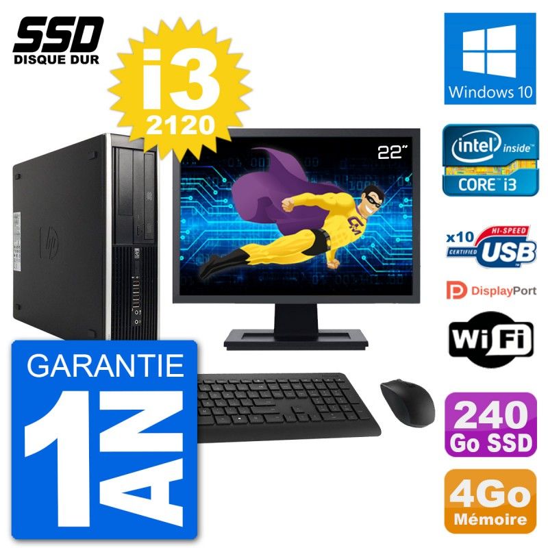 HP Compaq 6200 Pro SFF Desktop PC - 22" Screen, i3-2120, 4GB RAM, 240GB SSD, Windows 10, WiFi