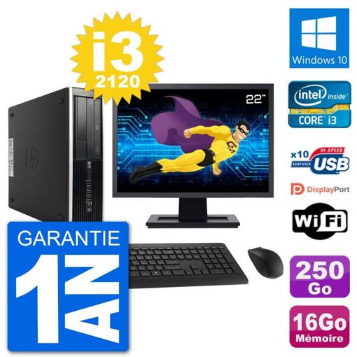 HP Compaq 6200 Pro SFF Desktop Computer, Intel Core i3-2120, 16GB RAM, 250GB HDD, 22" Display, Windows 10