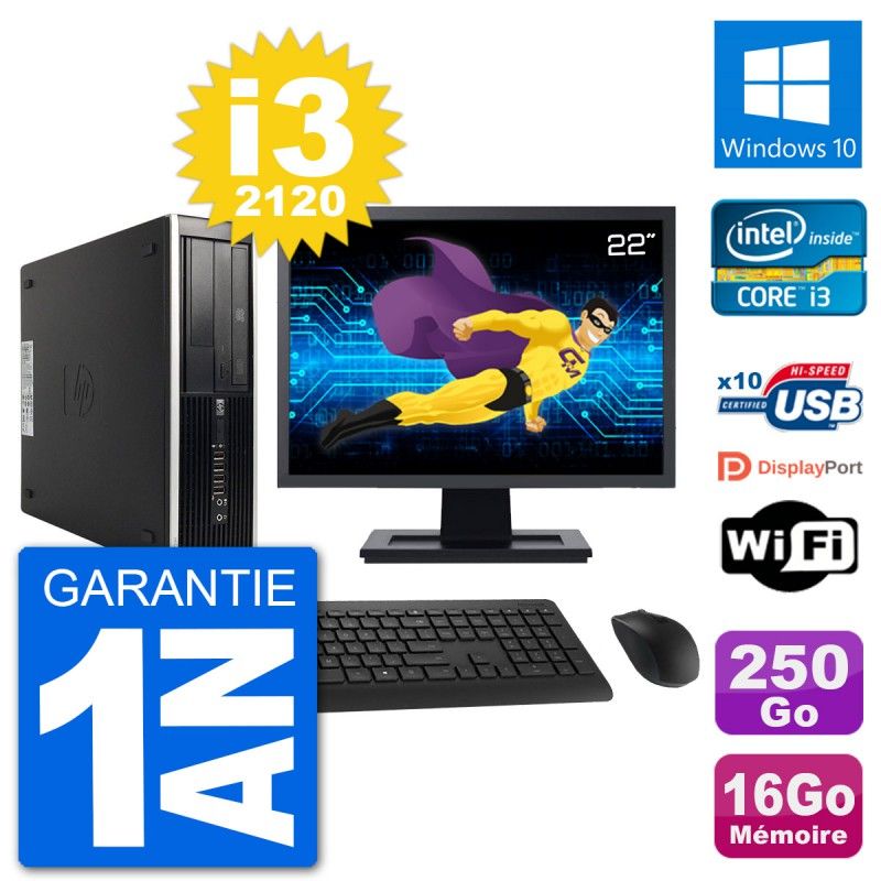 HP Compaq 6200 Pro SFF Desktop Computer, Intel Core i3-2120, 16GB RAM, 250GB HDD, 22" Display, Windows 10