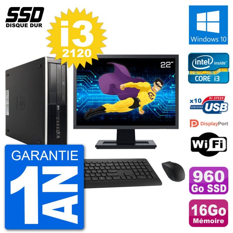 HP Compaq 6200 Pro SFF Desktop Computer, 22" Screen, i3-2120, 16GB RAM, 960GB SSD, Windows 10, WiFi