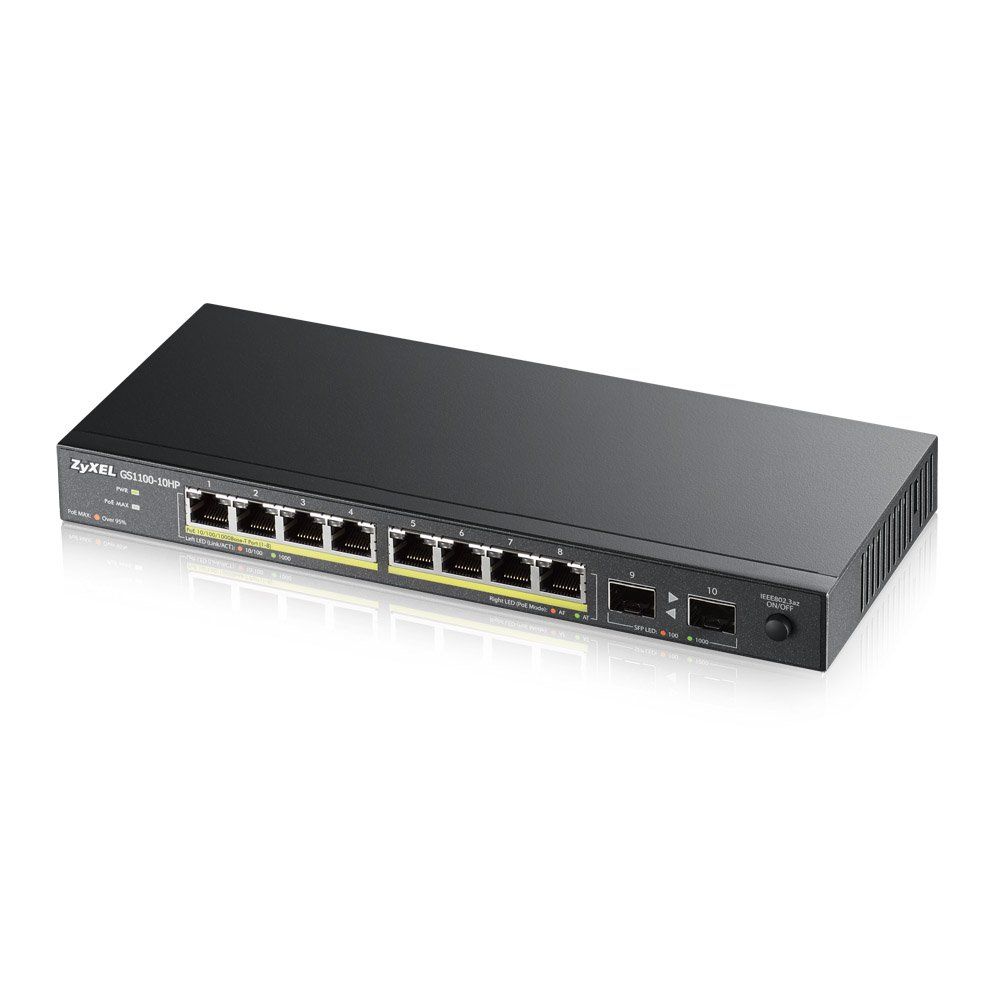ZyXEL GS1100-10HP - PoE+ Switch - 8 x Gigabit Ethernet (10/100/1000) + 2 x Gigabit SFP - Desktop, Wall Mountable