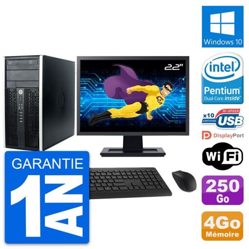 HP Compaq Pro 6300 CMT Desktop PC - 22" Screen, Intel Pentium G630 2.7GHz, 4GB RAM, 250GB HDD, Windows 10, WiFi