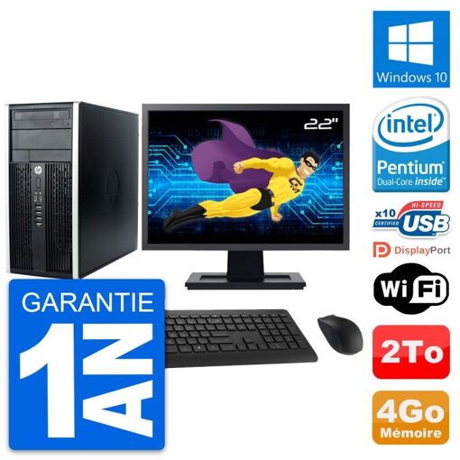 HP Compaq Pro 6300 CMT Desktop PC - 22" Screen, Intel Pentium G630, 4GB RAM, 2TB HDD, Windows 10, WiFi