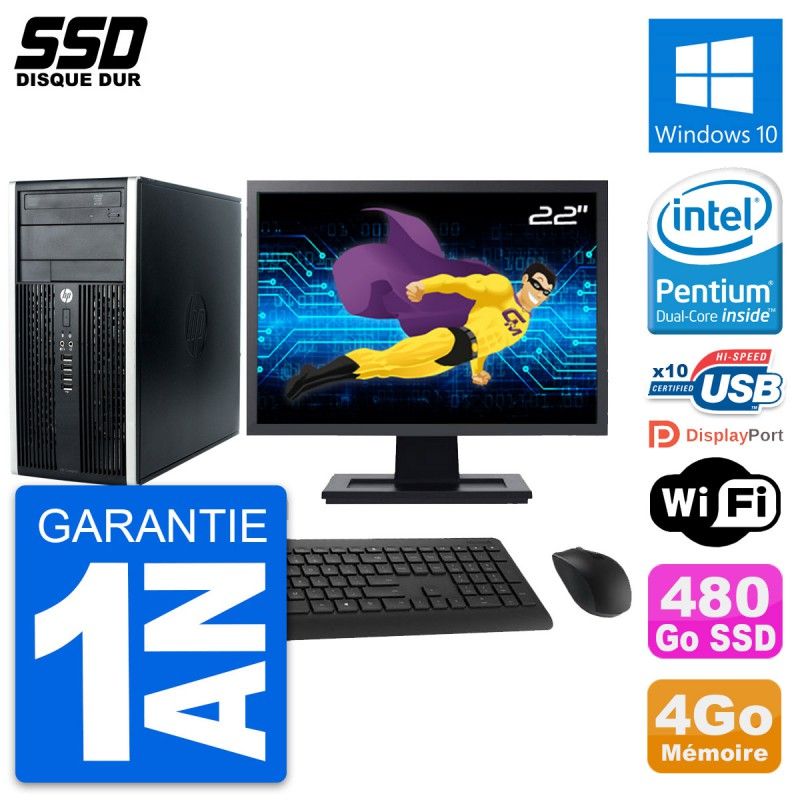 HP Compaq Pro 6300 CMT Desktop PC - 22" Screen, Intel G630, 4GB RAM, 480GB SSD, Windows 10, WiFi