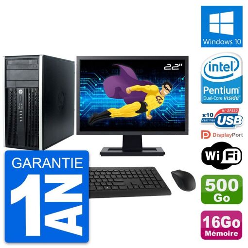 HP Compaq Pro 6300 CMT Desktop PC - 22" Screen, Intel Pentium G630 2.7GHz, 16GB RAM, 500GB HDD, Windows 10, WiFi