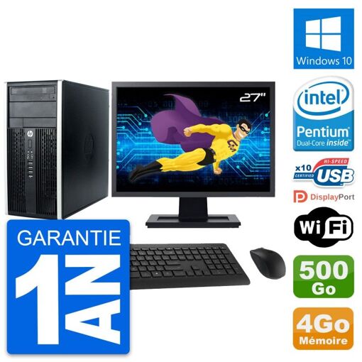HP Compaq Pro 6300 CMT Desktop PC - 27" Screen, Intel Pentium G630 2.7GHz, 4GB RAM, 500GB HDD, Windows 10, WiFi