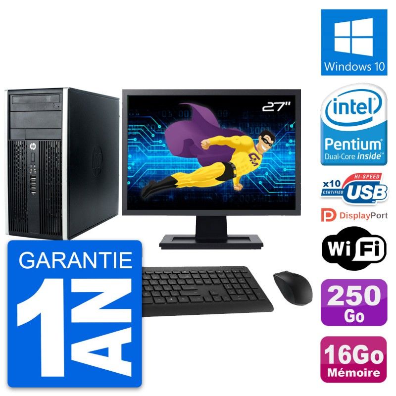 HP Compaq Pro 6300 CMT Desktop PC - 27" Screen, Intel Pentium G630 2.7GHz, 16GB RAM, 250GB HDD, Windows 10, WiFi