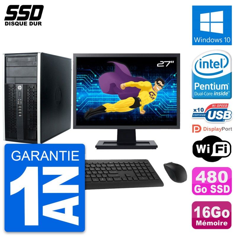 HP Compaq Pro 6300 CMT Desktop PC - 27" Display, Intel G630, 16GB RAM, 480GB SSD, Windows 10, WiFi
