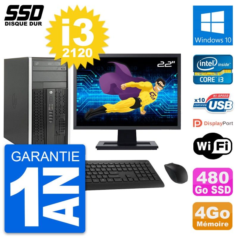 HP Compaq Pro 6300 CMT Desktop PC - 22" Screen, Intel i3-2120, 4GB RAM, 480GB SSD, Windows 10, WiFi