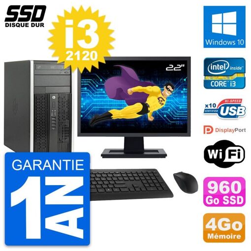 HP Compaq Pro 6300 CMT Desktop PC - 22" Screen, Intel i3-2120, 4GB RAM, 960GB SSD, Windows 10, WiFi