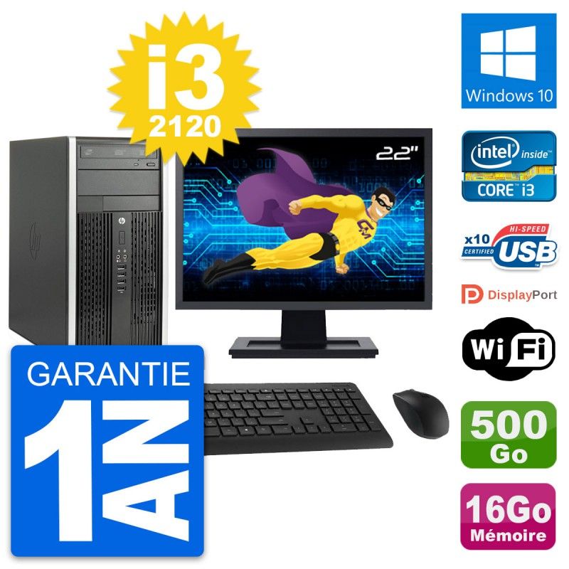 HP Compaq Pro 6300 CMT 22" Screen i3-2120 16GB RAM 500GB HDD Windows 10 WiFi