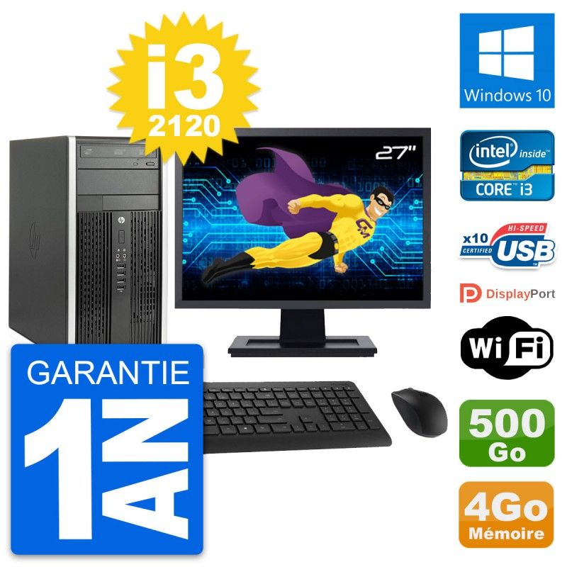 HP Compaq Pro 6300 CMT Desktop PC - 27" Screen, i3-2120, 4GB RAM, 500GB HDD, Windows 10, Wifi