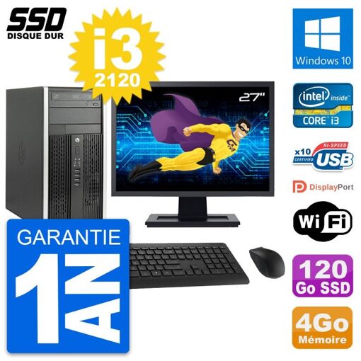 HP Compaq Pro 6300 CMT PC - 27" Screen, Intel i3-2120, 4GB RAM, 120GB SSD, Windows 10, WiFi