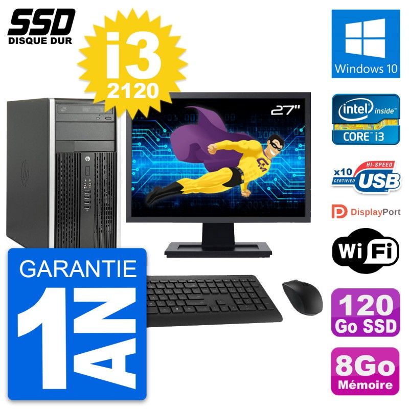 HP Compaq Pro 6300 CMT PC - 27" Screen, Intel i3-2120, 8GB RAM, 120GB SSD, Windows 10, WiFi
