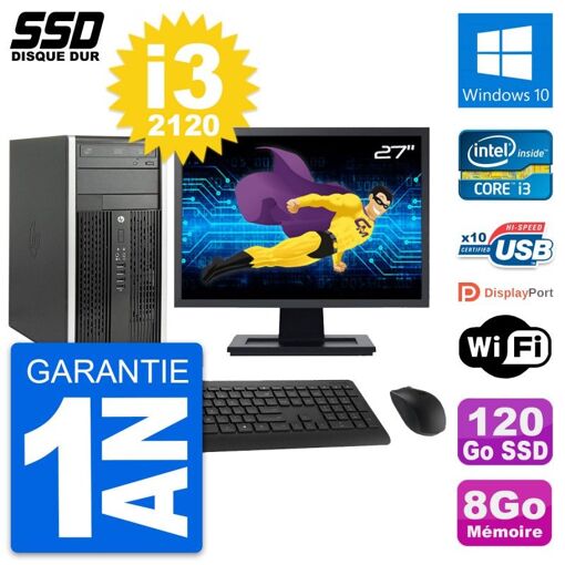 HP Compaq Pro 6300 CMT PC - 27" Screen, Intel i3-2120, 8GB RAM, 120GB SSD, Windows 10, WiFi