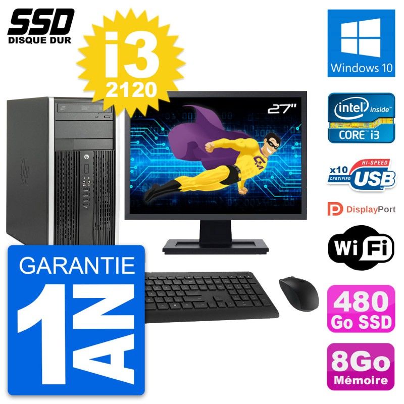 HP Compaq Pro 6300 CMT Desktop PC - 27" Screen, Intel i3-2120, 8GB RAM, 480GB SSD, Windows 10, WiFi