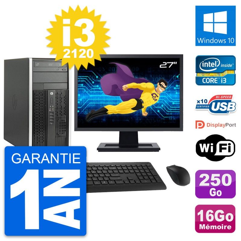 HP Compaq Pro 6300 CMT Desktop PC - 27" Screen, i3-2120, 16GB RAM, 250GB HDD, Windows 10, WiFi