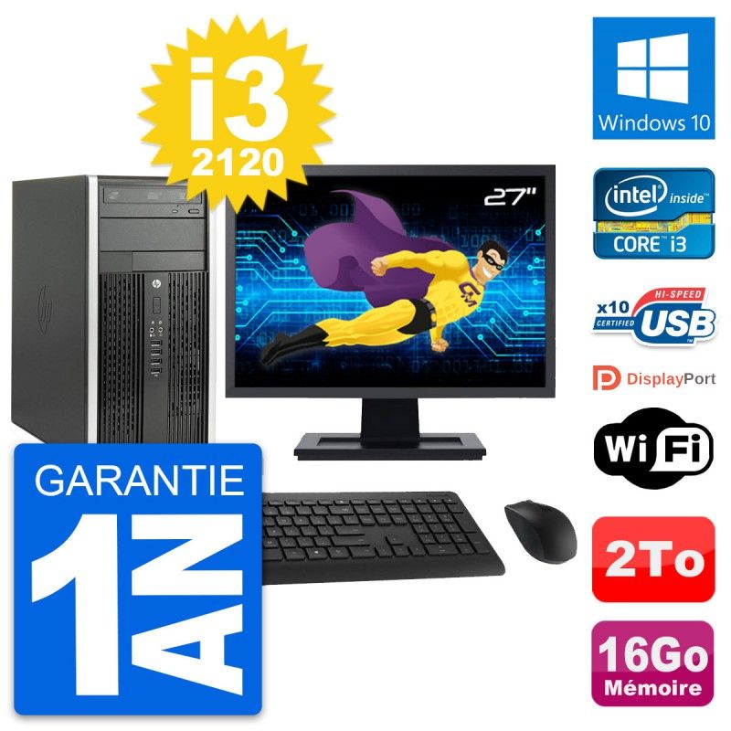 HP Compaq Pro 6300 CMT Desktop PC - 27" Screen, i3-2120, 16GB RAM, 2TB HDD, Windows 10, WiFi