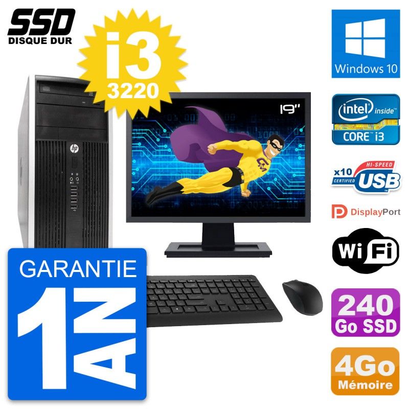 HP Compaq Pro 6300 CMT Mini PC - 19" Screen, Intel i3-3220, 4GB RAM, 240GB SSD, Windows 10, WiFi