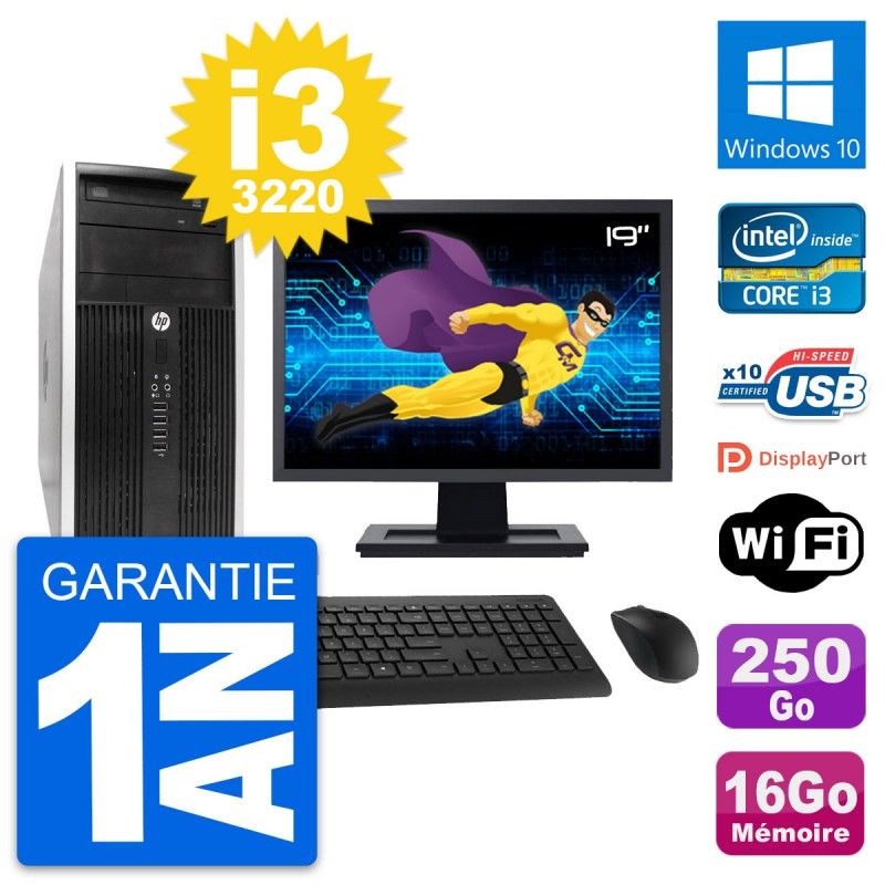 HP Compaq Pro 6300 CMT Mini PC - 19" Screen, i3-3220, 16GB RAM, 250GB HDD, Windows 10, Wifi