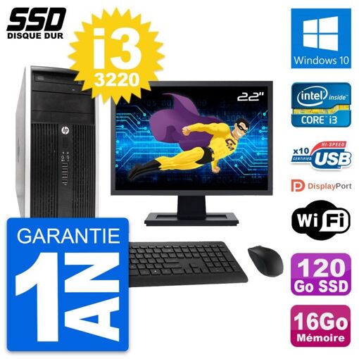 HP Compaq Pro 6300 CMT Desktop PC - 22" Screen, Intel i3-3220, 16GB RAM, 120GB SSD, Windows 10, WiFi