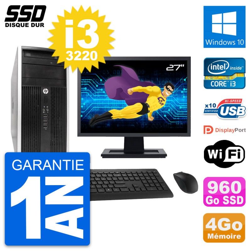 HP Compaq Pro 6300 CMT Desktop PC - 27" Screen, Intel i3-3220, 4GB RAM, 960GB SSD, Windows 10, WiFi