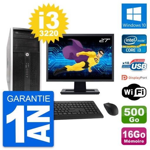 HP Compaq Pro 6300 CMT Desktop PC - 27" Display, i3-3220, 16GB RAM, 500GB HDD, Windows 10, WiFi