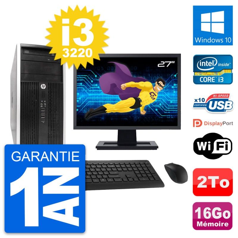 HP Compaq Pro 6300 CMT Desktop PC - 27" Screen, i3-3220, 16GB RAM, 2TB Hard Drive, Windows 10, Wi-Fi