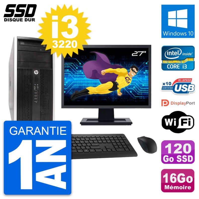 HP Compaq Pro 6300 CMT Mini PC - 27" Screen, Intel i3-3220, 16GB RAM, 120GB SSD, Windows 10, WiFi