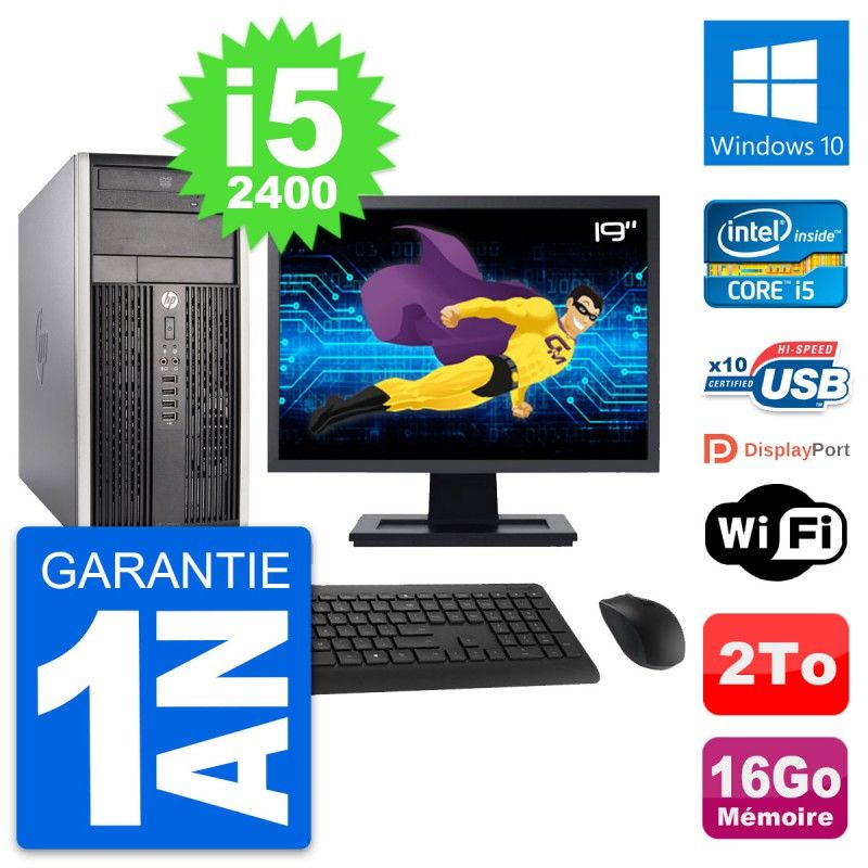 HP Compaq Pro 6300 CMT Desktop PC - 19" Screen, i5-2400, 16GB RAM, 2TB HDD, Windows 10, WiFi