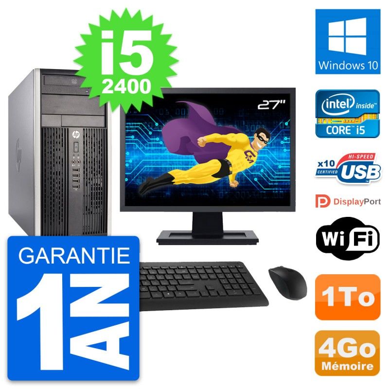 HP Compaq Pro 6300 CMT Micro Tower PC - 27" Display, i5-2400, 4GB RAM, 1TB HDD, Windows 10, WiFi
