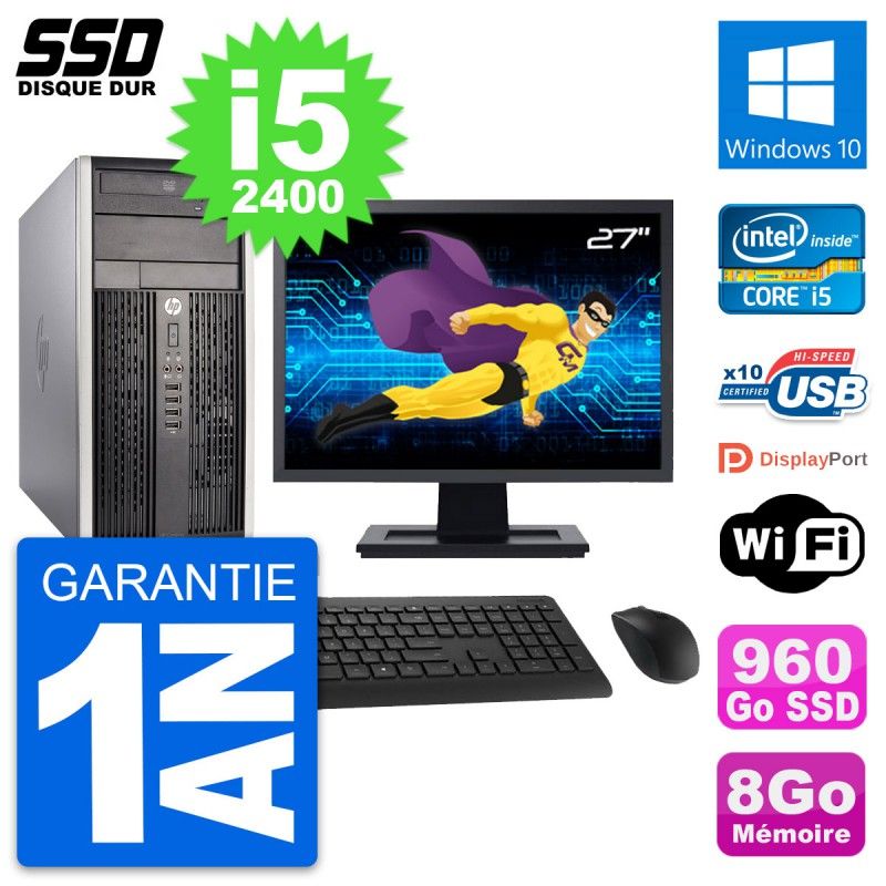 HP Compaq Pro 6300 CMT Desktop PC - 27" Screen, Intel i5-2400, 8GB RAM, 960GB SSD, Windows 10, Wifi