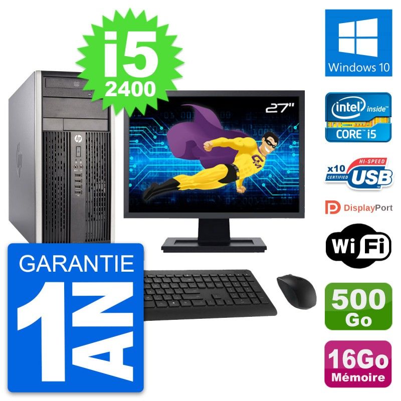 HP Compaq Pro 6300 CMT Desktop PC - 27" Screen, i5-2400, 16GB RAM, 500GB HDD, Windows 10, WiFi