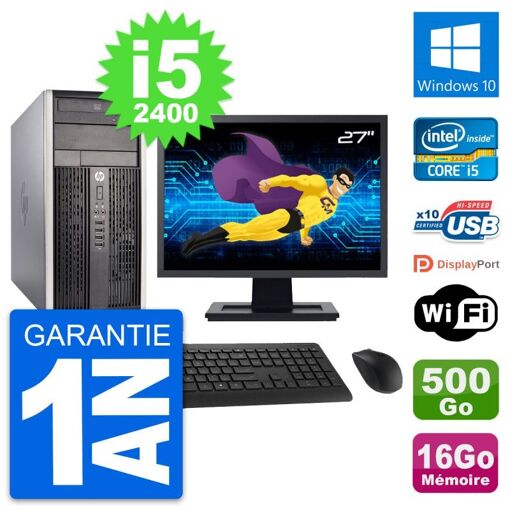 HP Compaq Pro 6300 CMT Desktop PC - 27" Screen, i5-2400, 16GB RAM, 500GB HDD, Windows 10, WiFi