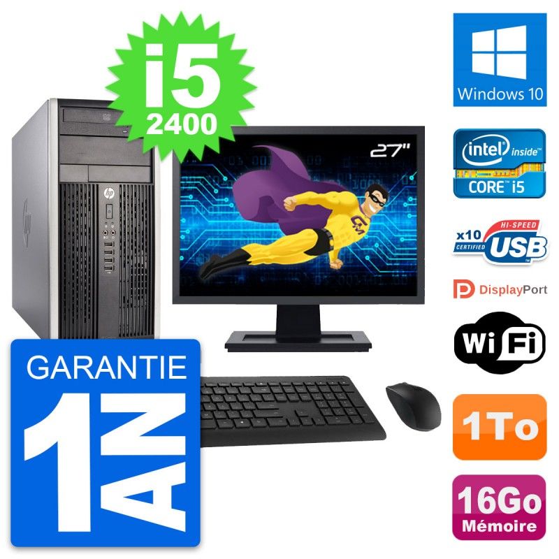 HP Compaq Pro 6300 CMT Desktop PC - 27" Screen, i5-2400, 16GB RAM, 1TB HDD, Windows 10, WiFi