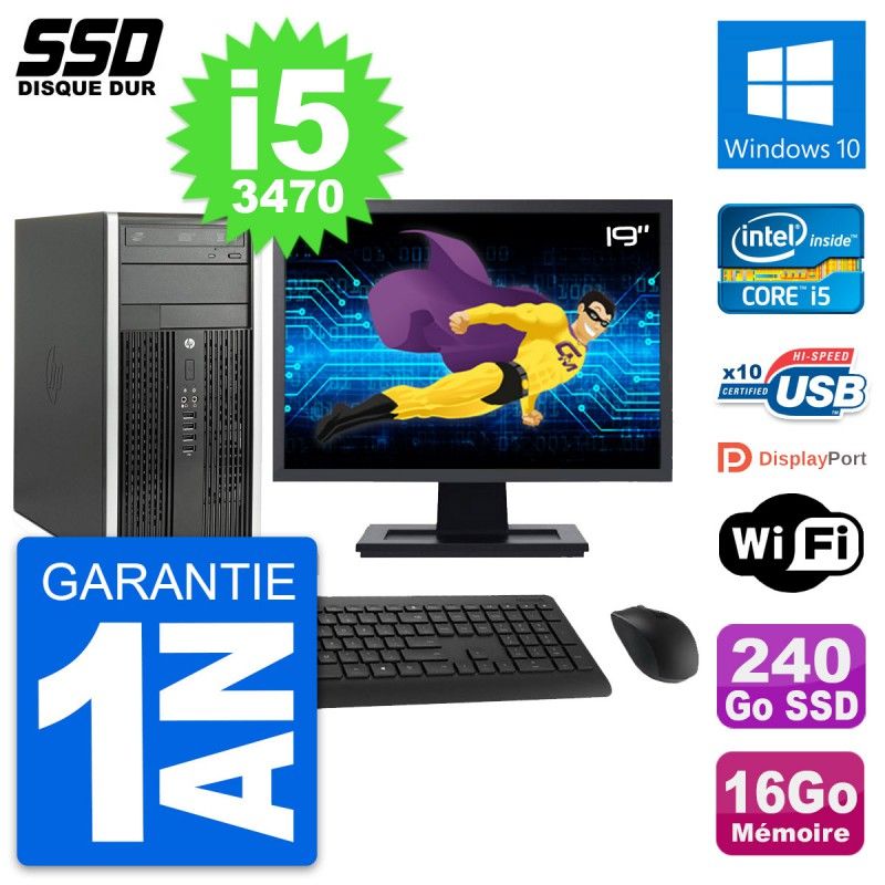 HP Compaq Pro 6300 CMT Desktop PC - 19" Screen, Intel i5-3470, 16GB RAM, 240GB SSD, Windows 10, WiFi