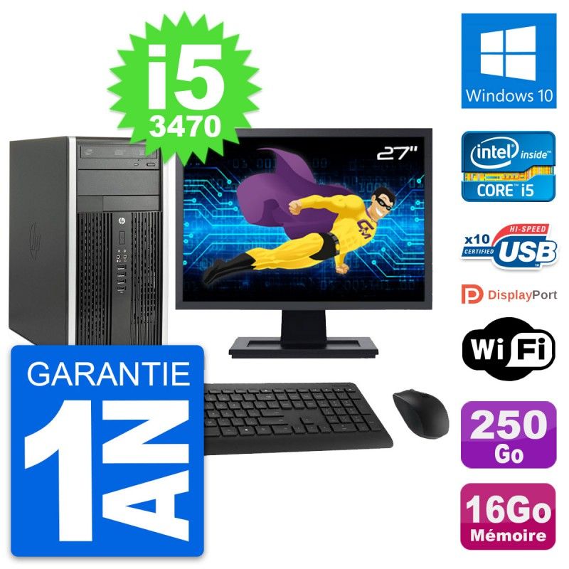 HP Compaq Pro 6300 CMT Desktop PC - 27" Screen, i5-3470, 16GB RAM, 250GB HDD, Windows 10, WiFi