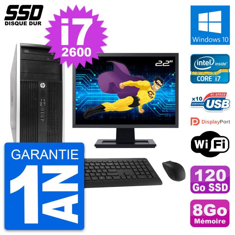 HP Compaq Pro 6300 CMT 22" Display, Intel i7-2600, 8GB RAM, 120GB SSD, Windows 10, WiFi