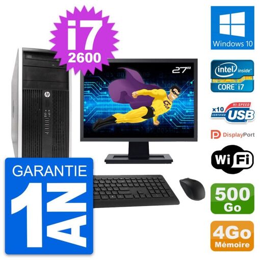 HP Compaq Pro 6300 CMT Desktop PC - 27" Screen, i7-2600, 4GB RAM, 500GB Hard Drive, Windows 10, WiFi