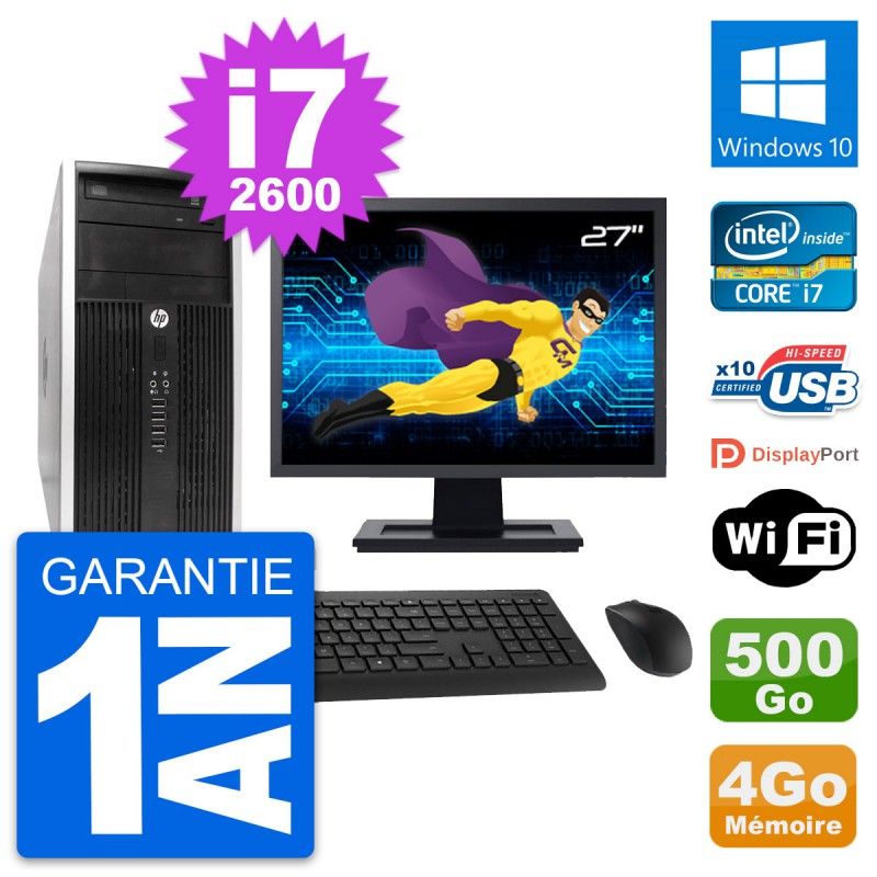HP Compaq Pro 6300 CMT Desktop PC - 27" Screen, i7-2600, 4GB RAM, 500GB Hard Drive, Windows 10, WiFi