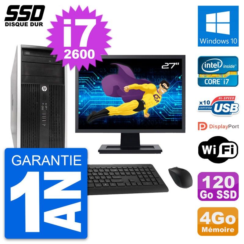 Ordinateur de bureau HP Compaq Pro 6300 CMT - Écran 27'', Processeur Intel i7-2600, 4 Go de RAM, SSD 120 Go, Windows 10, WiFi