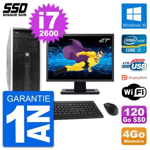 HP Compaq Pro 6300 CMT Desktop PC - 27" Display, Intel i7-2600, 4GB RAM, 120GB SSD, Windows 10, WiFi