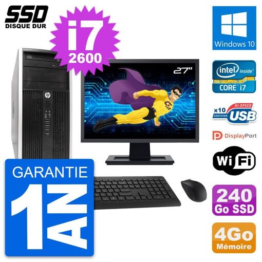 Ordinateur de bureau HP Compaq Pro 6300 CMT - Écran 27'', Intel Core i7-2600, 4 Go de RAM, SSD 240 Go, Windows 10
